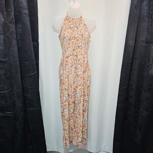 Patrons of Peace Jumpsuit Wide Leg Paisley Floral Smocked Halter Large Hippie